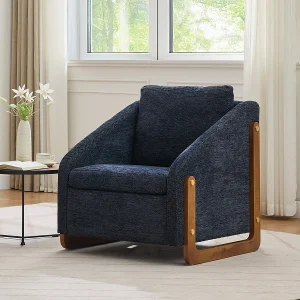 057 Fauteuil, blauwe chenille loungestoel met houten armleuningen, 73,5×73,5×73,5 cm 057 Fauteuil, blauwe chenille loungestoel met houten armleuningen, 73,5×73,5×73,5 cm