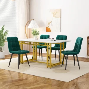 120x70cm gouden eettafelset met 4 donkergroene fluwelen stoelen, moderne keukenmeubels