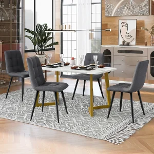 117 cm donkergrijze linnen eetkamerset met 4 stoelen en gouden poten