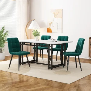 120x70cm Zwarte eettafelset met 4 donkergroene fluwelen stoelen, moderne keukenmeubels.