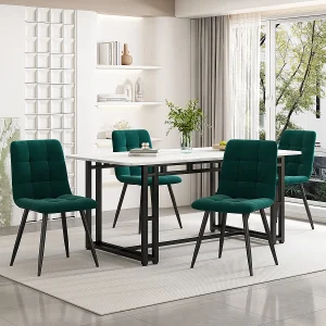 140x80cm Zwarte eettafelset met 4 donkergroene fluwelen stoelen, zwarte ijzeren poten