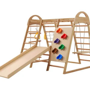7-in-1 multifunctioneel klimrek: schommel, ladder, glijbaan, net, steen, ringen, speelhuisje. Massief hout. 7-in-1 multifunctioneel klimrek: schommel, ladder, glijbaan, net, steen, ringen, speelhuisje. Massief hout.