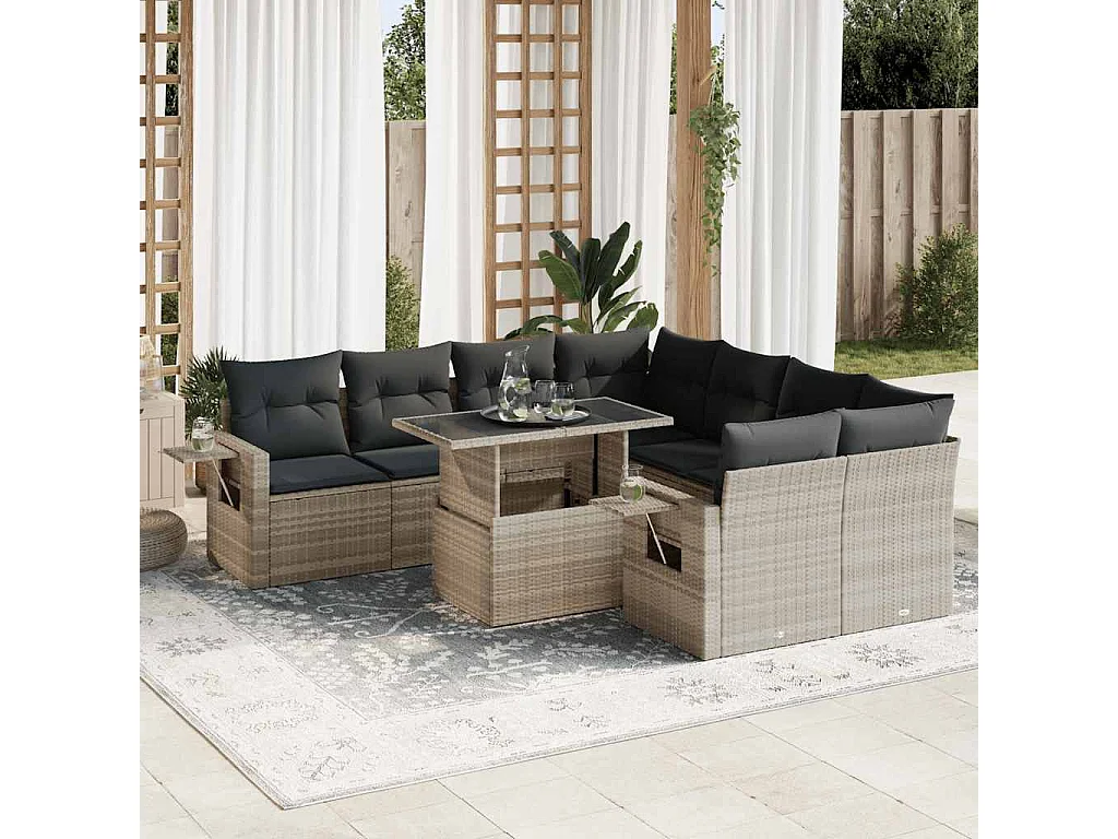 9-delige Loungeset met kussens poly rattan lichtgrijs