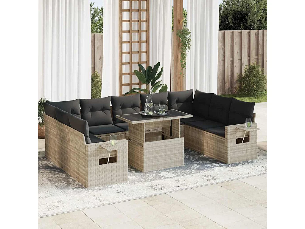 10-delige Loungeset met kussens poly rattan lichtgrijs