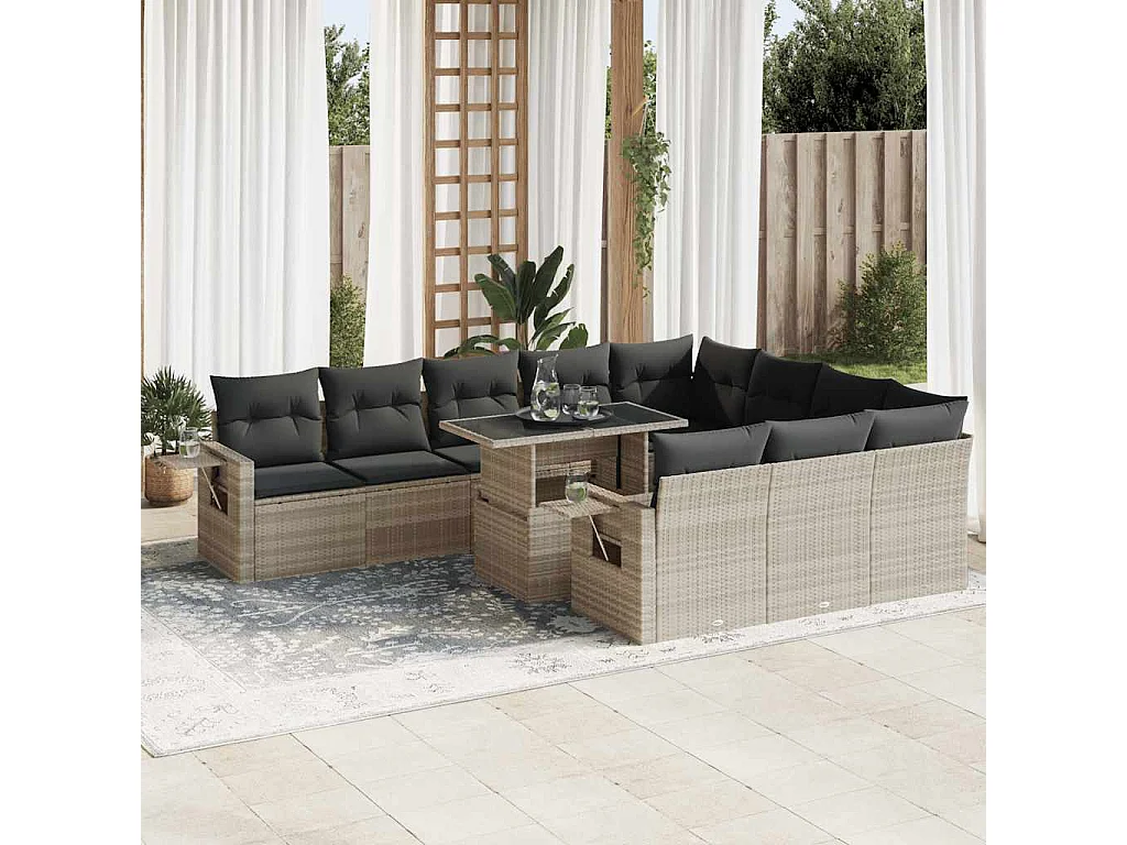 11-delige Loungeset met kussens poly rattan lichtgrijs