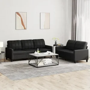 2-delige Loungeset met kussens kunstleer zwart 2-delige Loungeset met kussens kunstleer zwart