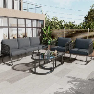 5-zits tuinmeubelset met zit- en rugkussens – Verstelbare poten – Metaal en glas – Grijs 5-zits tuinmeubelset met zit- en rugkussens – Verstelbare poten – Metaal en glas – Grijs