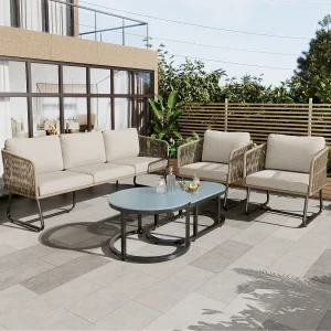 5-zits tuinmeubelset met zit- en rugkussens – Verstelbare poten – Metaal en glas – Beige 5-zits tuinmeubelset met zit- en rugkussens – Verstelbare poten – Metaal en glas – Beige