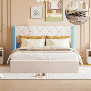 140 x 190 cm bed – tweepersoonsbed met lattenbodem – opbergruimte – gasvering en ledstrips aan weerszijden van het hoofdeinde – fluweel – beige 140 x 190 cm bed – tweepersoonsbed met lattenbodem – opbergruimte – gasvering en ledstrips aan weerszijden van het hoofdeinde – fluweel – beige