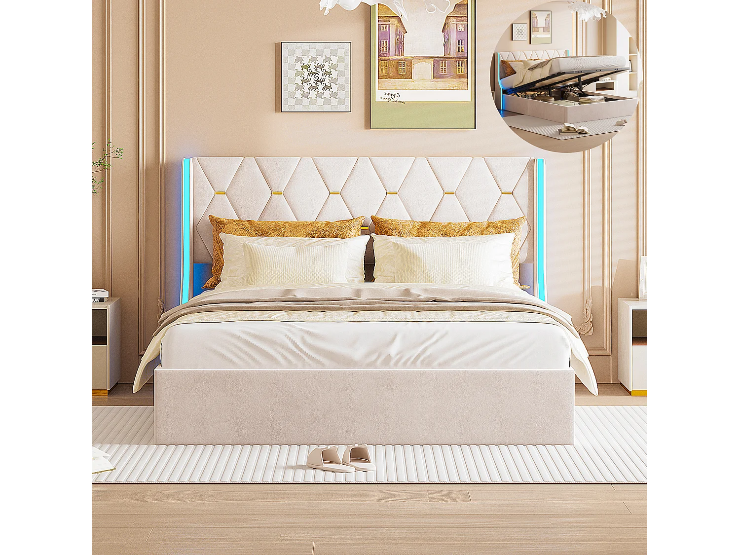 140 x 190 cm bed - tweepersoonsbed met lattenbodem - opbergruimte - gasvering en ledstrips aan weerszijden van het hoofdeinde - fluweel - beige