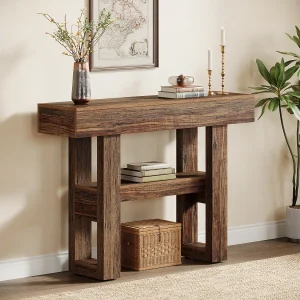 105 cm Farmhouse consoletafel, 2-laags smalle salontafel achter de bank, halmeubel met opbergplanken 105 cm Farmhouse consoletafel, 2-laags smalle salontafel achter de bank, halmeubel met opbergplanken