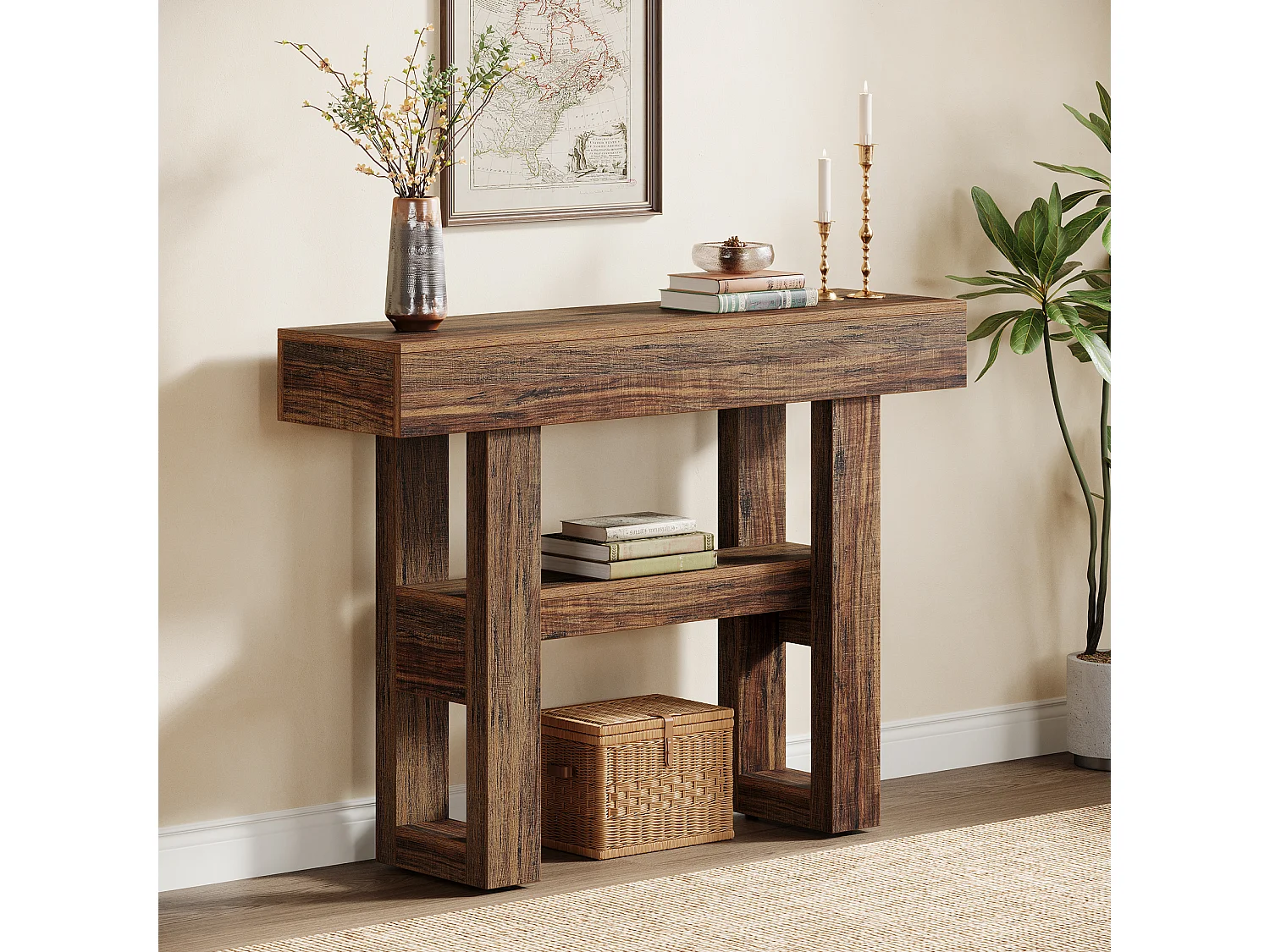 105 cm Farmhouse consoletafel, 2-laags smalle salontafel achter de bank, halmeubel met opbergplanken