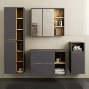 Badkamermeubelset VAMI 4-delige met twee Gaten voor Opzetwastafel / hangende Badkamerkasten / 21 Planken en 2 Lades / Craft Eik – Zwart / AKORD Furniture Factory Badkamermeubelset VAMI 4-delige met twee Gaten voor Opzetwastafel / hangende Badkamerkasten / 21 Planken en 2 Lades / Craft Eik – Zwart / AKORD Furniture Factory