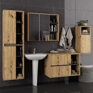 Badkamermeubelset VAMI 4-delige / hangende Badkamerkasten / 21 Planken en 2 Lades / Artisan Eik – Grafietgrijs / AKORD Furniture Factory Badkamermeubelset VAMI 4-delige / hangende Badkamerkasten / 21 Planken en 2 Lades / Artisan Eik – Grafietgrijs / AKORD Furniture Factory