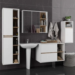 Badkamermeubelset VAMI 4-delige / hangende Badkamerkasten / 21 Planken en 2 Lades / Wit – Sonoma Eik / AKORD Furniture Factory Badkamermeubelset VAMI 4-delige / hangende Badkamerkasten / 21 Planken en 2 Lades / Wit – Sonoma Eik / AKORD Furniture Factory