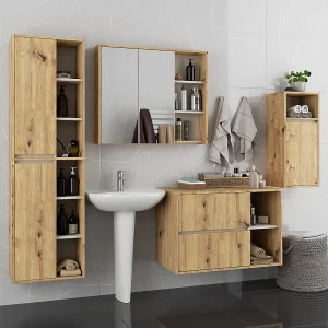 Badkamermeubelset VAMI 4-delige / hangende Badkamerkasten / 21 Planken en 2 Lades / Artisan Eik – Kasjmier / AKORD Furniture Factory Badkamermeubelset VAMI 4-delige / hangende Badkamerkasten / 21 Planken en 2 Lades / Artisan Eik – Kasjmier / AKORD Furniture Factory