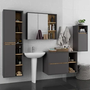 Badkamermeubelset VAMI 4-delige / hangende Badkamerkasten / 21 Planken en 2 Lades / Grafietgrijs – Artisan Eik / AKORD Furniture Factory Badkamermeubelset VAMI 4-delige / hangende Badkamerkasten / 21 Planken en 2 Lades / Grafietgrijs – Artisan Eik / AKORD Furniture Factory