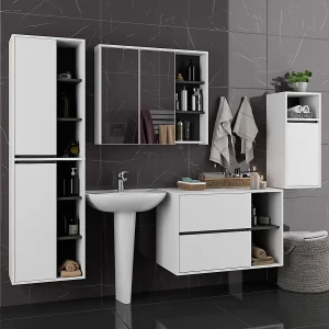 Badkamermeubelset VAMI 4-delige / hangende Badkamerkasten / 21 Planken en 2 Lades / Wit – Grafietgrijs / AKORD Furniture Factory Badkamermeubelset VAMI 4-delige / hangende Badkamerkasten / 21 Planken en 2 Lades / Wit – Grafietgrijs / AKORD Furniture Factory