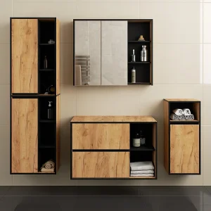 Badkamermeubelset VAMI 4-delige met twee Gaten voor Opzetwastafel / hangende Badkamerkasten / 21 Planken en 2 Lades / Craft Eik – Zwart / AKORD Furniture Factory Badkamermeubelset VAMI 4-delige met twee Gaten voor Opzetwastafel / hangende Badkamerkasten / 21 Planken en 2 Lades / Craft Eik – Zwart / AKORD Furniture Factory