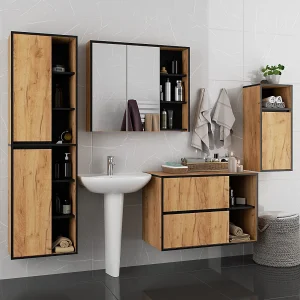 Badkamermeubelset VAMI 4-delige / hangende Badkamerkasten / 21 Planken en 2 Lades / Craft Eik – Zwart / AKORD Furniture Factory Badkamermeubelset VAMI 4-delige / hangende Badkamerkasten / 21 Planken en 2 Lades / Craft Eik – Zwart / AKORD Furniture Factory