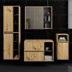 Badkamermeubelset VAMI 4-delige met twee Gaten voor Opzetwastafel / hangende Badkamerkasten / 21 Planken en 2 Lades / Artisan Eik – Grafietgrijs / AKORD Badkamermeubelset VAMI 4-delige met twee Gaten voor Opzetwastafel / hangende Badkamerkasten / 21 Planken en 2 Lades / Artisan Eik – Grafietgrijs / AKORD