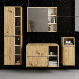 Badkamermeubelset VAMI 4-delige met twee Gaten voor Opzetwastafel / hangende Badkamerkasten / 21 Planken en 2 Lades / Artisan Eik – Kasjmier / AKORD Badkamermeubelset VAMI 4-delige met twee Gaten voor Opzetwastafel / hangende Badkamerkasten / 21 Planken en 2 Lades / Artisan Eik – Kasjmier / AKORD