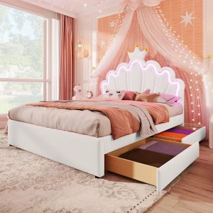 Gestoffeerd bed 140 x 200 cm met verstelbaar hoofdeinde en 2 lades – LED-verlichting – PU-leer – Wit (matras niet inbegrepen) Gestoffeerd bed 140 x 200 cm met verstelbaar hoofdeinde en 2 lades – LED-verlichting – PU-leer – Wit (matras niet inbegrepen)