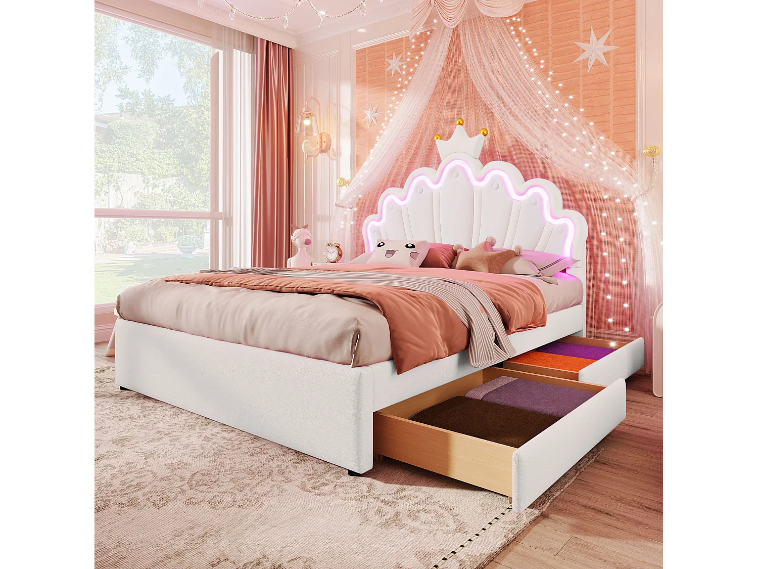 Gestoffeerd bed 140 x 200 cm met verstelbaar hoofdeinde en 2 lades – LED-verlichting – PU-leer – Wit (matras niet inbegrepen)