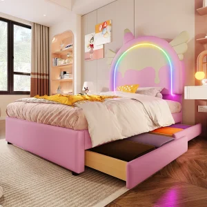 Gestoffeerd bed 90 x 200 cm met eenhoornhoofdbord en 2 lades – LED-verlichting – Kunstleer – Roze (matras niet inbegrepen) Gestoffeerd bed 90 x 200 cm met eenhoornhoofdbord en 2 lades – LED-verlichting – Kunstleer – Roze (matras niet inbegrepen)