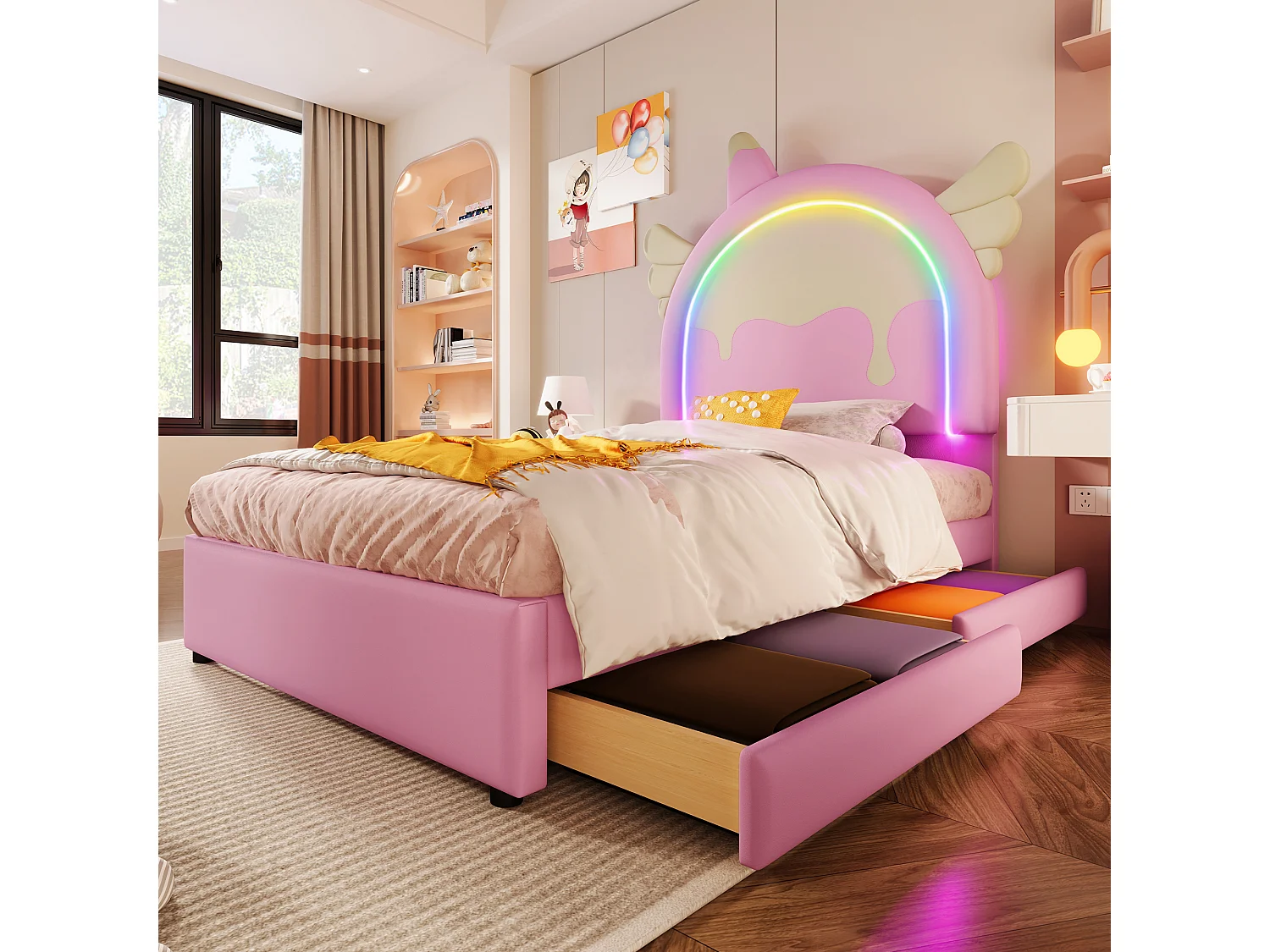 Gestoffeerd bed 90 x 200 cm met eenhoornhoofdbord en 2 lades - LED-verlichting - Kunstleer - Roze (matras niet inbegrepen)
