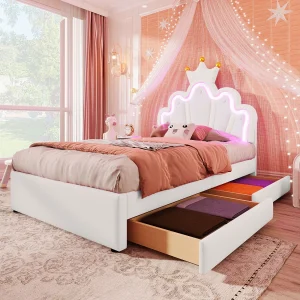 Gestoffeerd bed 90 x 200 cm met verstelbaar hoofdeinde en 2 lades – LED-verlichting – PU-leer – Wit (matras niet inbegrepen)