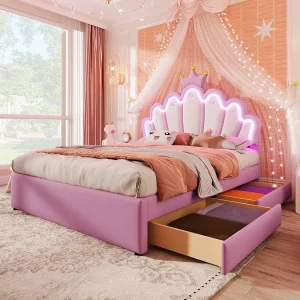 Gestoffeerd bed 140 x 200 cm met verstelbaar hoofdeinde en 2 lades – LED-verlichting – PU-leer – Roze (matras niet inbegrepen) Gestoffeerd bed 140 x 200 cm met verstelbaar hoofdeinde en 2 lades – LED-verlichting – PU-leer – Roze (matras niet inbegrepen)