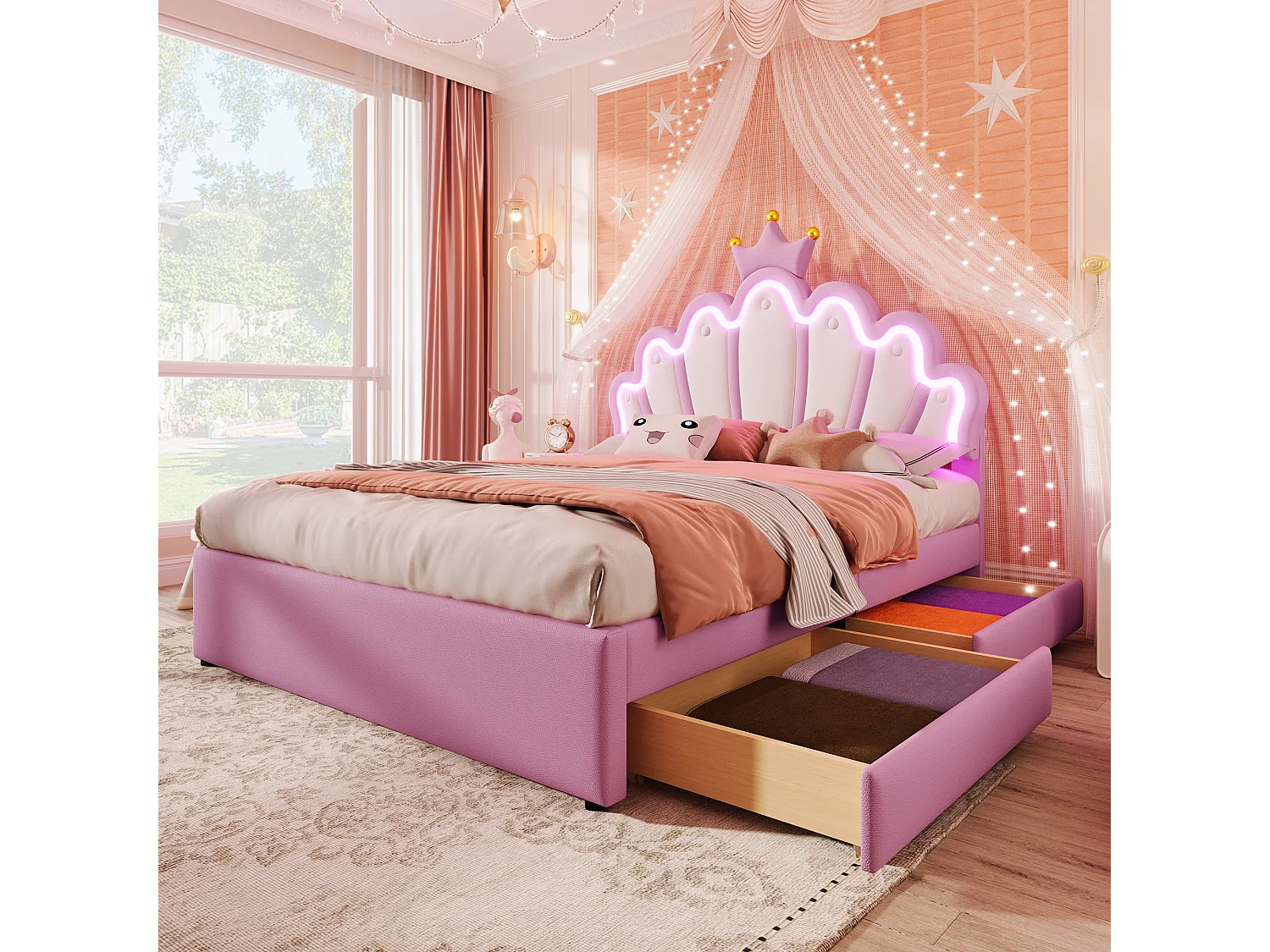 Gestoffeerd bed 140 x 200 cm met verstelbaar hoofdeinde en 2 lades – LED-verlichting – PU-leer – Roze (matras niet inbegrepen)
