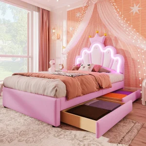 Gestoffeerd bed 90 x 200 cm met verstelbaar hoofdeinde en 2 lades – LED-verlichting – PU-leer – Roze (matras niet inbegrepen) Gestoffeerd bed 90 x 200 cm met verstelbaar hoofdeinde en 2 lades – LED-verlichting – PU-leer – Roze (matras niet inbegrepen)