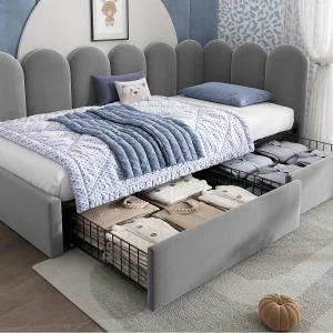 Bankbed 90×190 cm – met 2 lades – fluweel stof – met lattenbodem – Grijs (zonder matras) Bankbed 90×190 cm – met 2 lades – fluweel stof – met lattenbodem – Grijs (zonder matras)