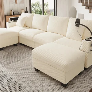 Bank 4-zits in U-vorm – Geribbeld fluweel – Uitgerust met telefoonhouder en USB oplaadpoort – Beige Bank 4-zits in U-vorm – Geribbeld fluweel – Uitgerust met telefoonhouder en USB oplaadpoort – Beige