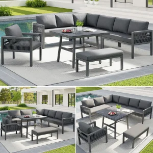 8-persoons tuinset – IJzeren frame – inclusief kussens + 1 tafel + 1 fauteuil + bank – metaal – grijs 8-persoons tuinset – IJzeren frame – inclusief kussens + 1 tafel + 1 fauteuil + bank – metaal – grijs