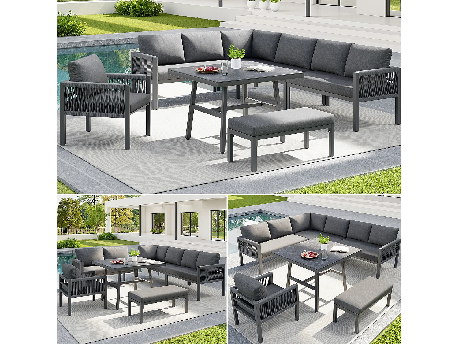 8-persoons tuinset - IJzeren frame - inclusief kussens + 1 tafel + 1 fauteuil + bank - metaal - grijs
