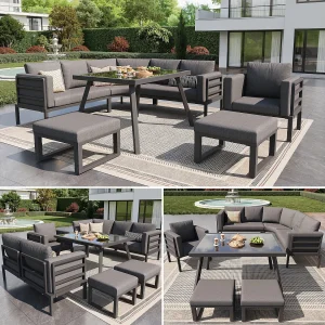 8-persoons tuinset – IJzeren frame – inclusief kussens + 1 tafel + 1 fauteuil + 2 krukjes – metaal – grijs 8-persoons tuinset – IJzeren frame – inclusief kussens + 1 tafel + 1 fauteuil + 2 krukjes – metaal – grijs