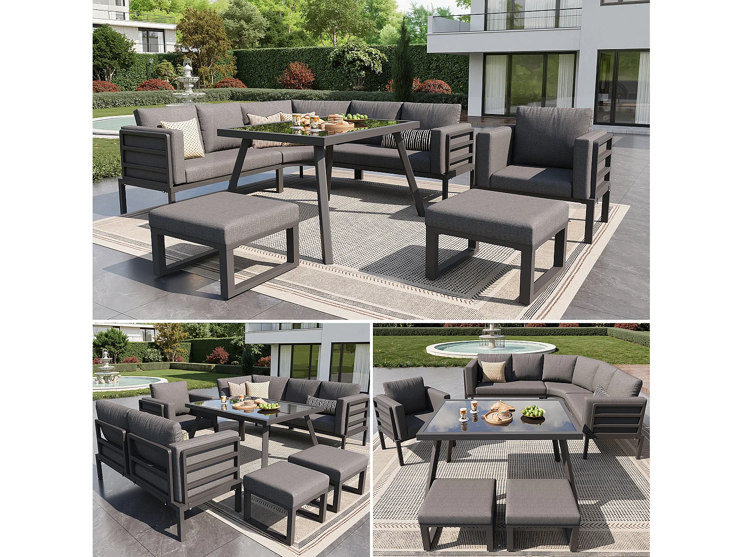 8-persoons tuinset - IJzeren frame - inclusief kussens + 1 tafel + 1 fauteuil + 2 krukjes - metaal - grijs