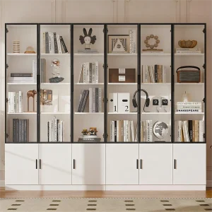 2 moderne hoge vitrines – 120 x 32 x 200 cm – met LED-verlichting + 3 glazen deuren + 3 houten deuren – MDF – wit 2 moderne hoge vitrines – 120 x 32 x 200 cm – met LED-verlichting + 3 glazen deuren + 3 houten deuren – MDF – wit