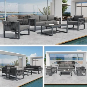 5-persoons tuinset – metalen frame – met kussens + tafel + 2 fauteuils + banken – metaal – grijs 5-persoons tuinset – metalen frame – met kussens + tafel + 2 fauteuils + banken – metaal – grijs