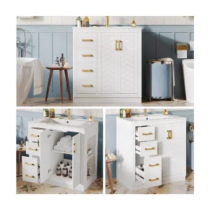 Badkamermeubel van keramiek – 76,5 x 46,5 x 84,5 cm – met 3 lades + zijplank + 2 deuren – MDF – wit