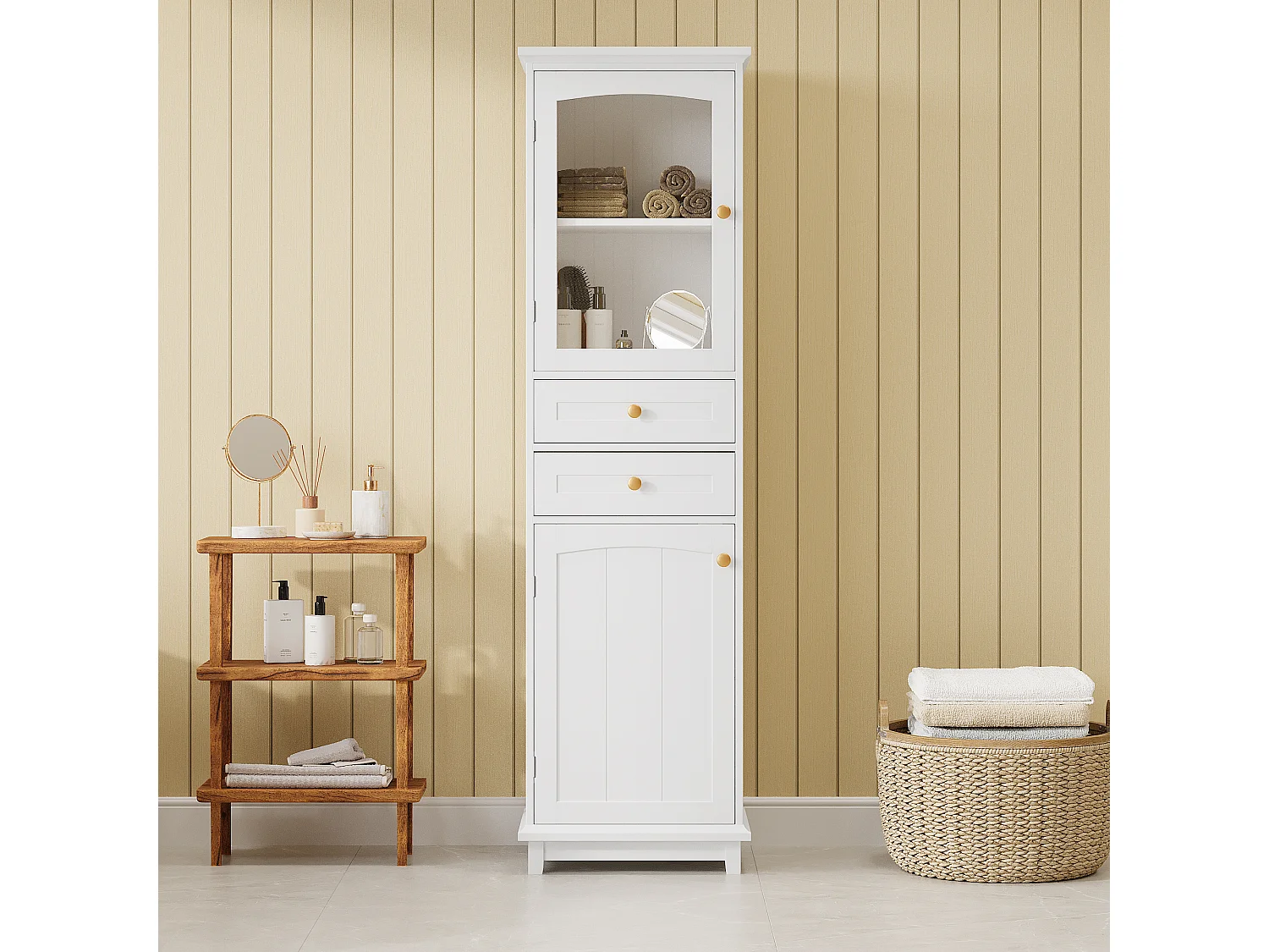 Badkamermeubel - 45 x 36 x 160 cm - met 1 glazen deur + 2 lades + 2 kastjes - MDF + glas - wit