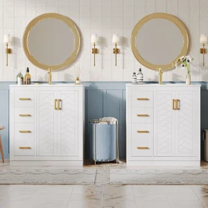2 keramische badkamermeubels – 76,5 x 46,5 x 84,5 cm – met 3 lades + zijplank + 2 deuren – MDF – wit 2 keramische badkamermeubels – 76,5 x 46,5 x 84,5 cm – met 3 lades + zijplank + 2 deuren – MDF – wit