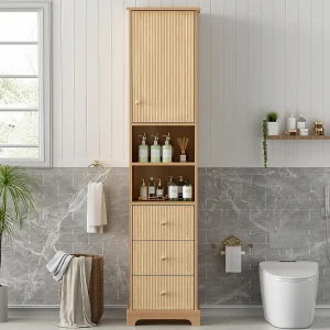 Badkamerkastje – 40 x 30 x 172 cm – verticaal streepmotief – met 3 lades + 2 planken – MDF – naturel Badkamerkastje – 40 x 30 x 172 cm – verticaal streepmotief – met 3 lades + 2 planken – MDF – naturel