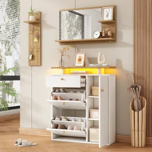 3-delige halgarderobe – 105 x 25 x 151,5 cm – met spiegel + wandplank + schoenenkast – spaanplaat – wit 3-delige halgarderobe – 105 x 25 x 151,5 cm – met spiegel + wandplank + schoenenkast – spaanplaat – wit
