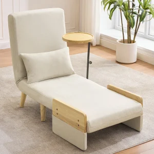 3-in-1 converteerbare fauteuil met bedfunctie – Kussen en houten onderstel – Beige linnen stof 3-in-1 converteerbare fauteuil met bedfunctie – Kussen en houten onderstel – Beige linnen stof