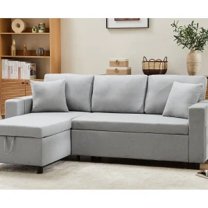 3-zits L-vormige slaapbank met slaapfunctie – Chaise longue met opbergruimte – Grijs linnen 3-zits L-vormige slaapbank met slaapfunctie – Chaise longue met opbergruimte – Grijs linnen