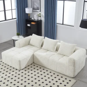 3-zits L-vormige hoekbank met 3 kussens en zijvak – Beige chenille 3-zits L-vormige hoekbank met 3 kussens en zijvak – Beige chenille